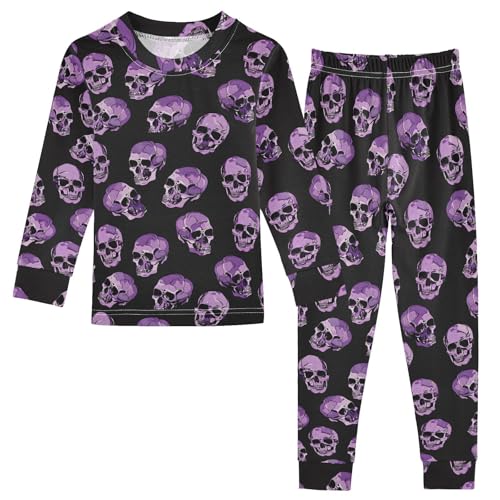Fustylead Various Purple Skulls on Black Background Pajamas Cotton Sleepover PJ Set Long Sleeve Lounge Wear