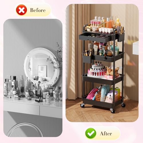 Image of SUNALLY Makeup Cart Organizer with Drawer,4 Tier Rolling Makeup Cart, Black
