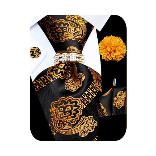 Image of 5PCS Mens Silk Tie, Pocket Square, Cufflinks, Drilled Tie Ring and Lapel Pin Set for Wedding Groom Party