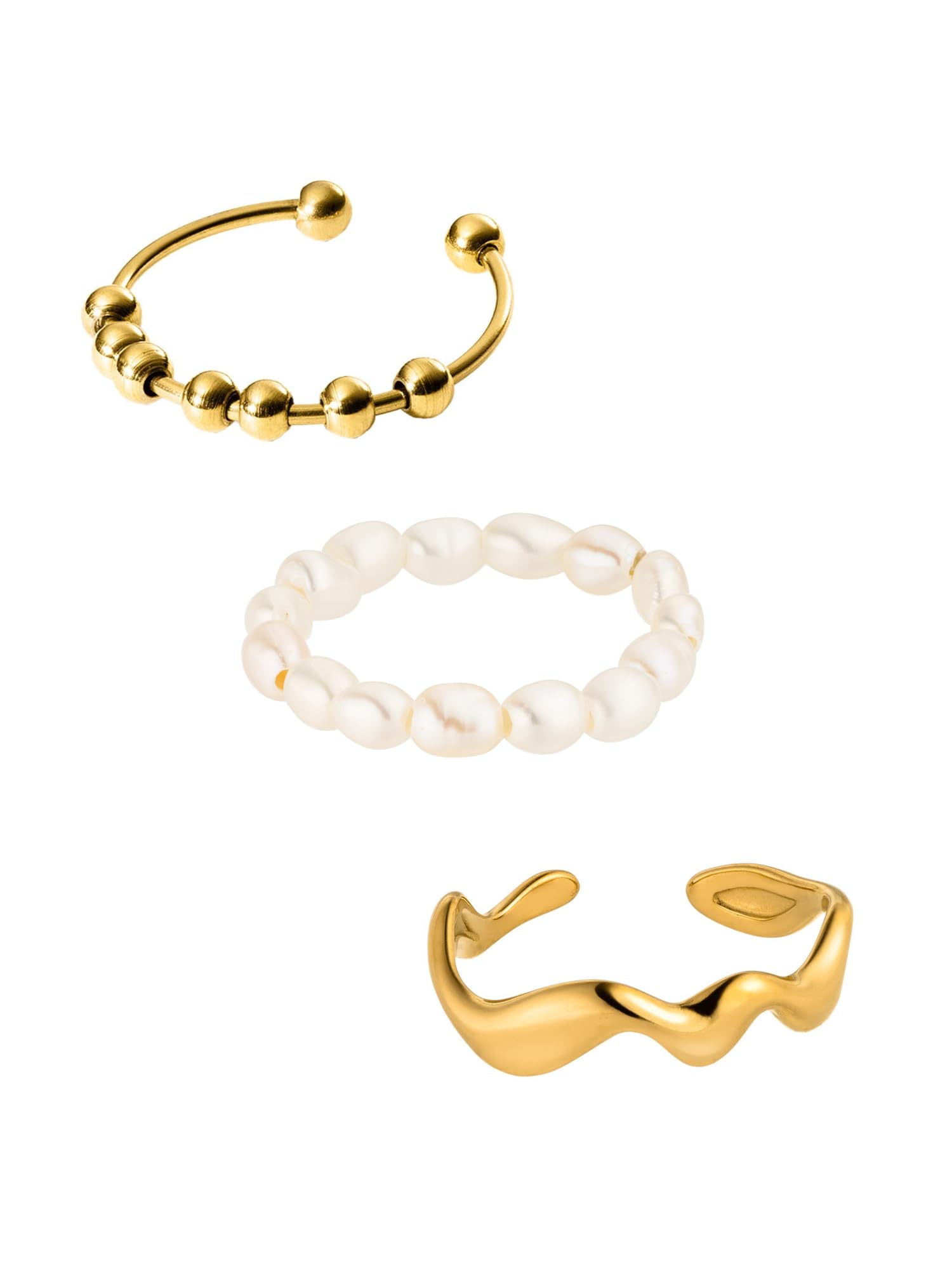 Purelei Ring Set Damen – Shade Anxiety Ring, Perlen Anti Stress Ring & Abstract Wave Ring – Gold – Verstellbare Edelstahlringe – Wasserfester Schmuck im 3er Set