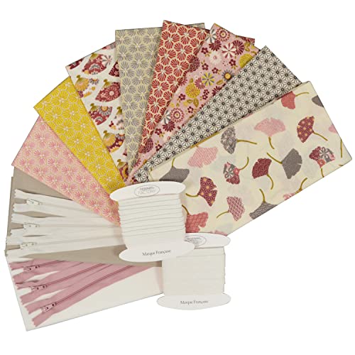 Juego de 8 cupones tejidos impresos de 50 x 50 cm + 2 cupones tejidos de popelina de algodón 45 x 50 cm + ribete y sesgo de algodón (5 m cada uno) + regalo: 6 cremalleras surtidos (lote D) Cover