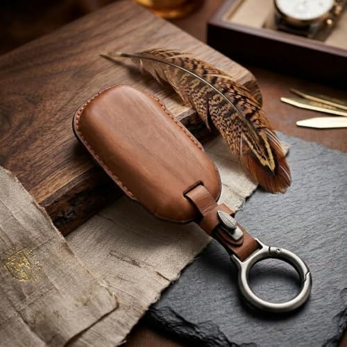 Image of Wooden PU Leather Key Cover Compatible with Kia Seltos 2024 2023 Facelift HTX Carens X Line Sonet Facelift 4 Button Smart Key Stylish Wooden Texture & Durable Premium Leather Protection