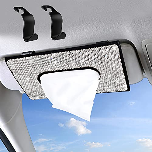 Bling Car Tissue Holder, Sun Visor Car Tissue Box Holder Crystal Sparkling Napkin Holder with 2Pcs Car Seat Headrest Hook Perfect for Car Interior Accessories Gift for Women