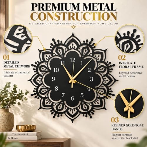 Image of 40 cm Metal Wall Clock | Silent Non-Ticking Skeleton Wall Clock | Modern Black Iron Analog Clock for Living Room, Bedroom, Hall, Office & Home Decor (Design-7)