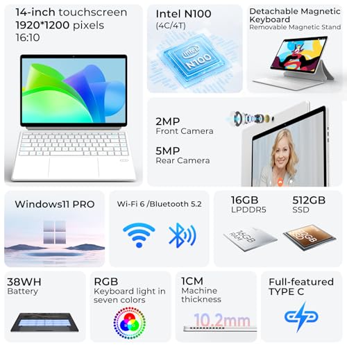 Image of EYY 14 inch 2 in 1 Touchscreen Laptop, N100 (UP to 3.40GHz), 16GB LPDDR5 512GB SSD Tablet, 16:10 1920 * 1200 Laptop Computer, WiFi 6, BT5.2, HDMI, Backlit Keyboard, Dual Camera
