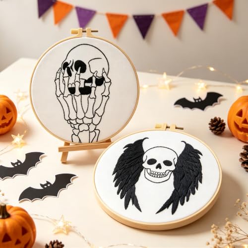Image of Skull Halloween Embroidery Kits for Beginners Adults, Gothic Embroidery Sets Needlepoint Kits, Halloween Stamped Cross Stitch Kits for Beginners Adults, 2 Embroidery Hoops (Attached Video Tutorial)