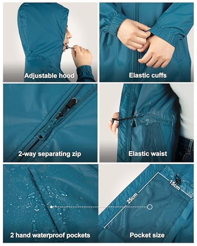 33,000ft Moroccan Blue Women's Waterproof Long Rain Coat: Lightweight and Packable with Hood - Image 5
