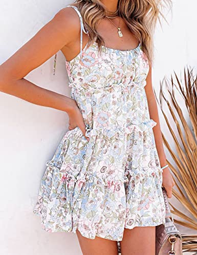Image of Mansy Womens 2026 Summer Floral Mini Dress Boho Flowy Skater Dresses Short Sleeveless Ruffle Spaghetti Strap Dress