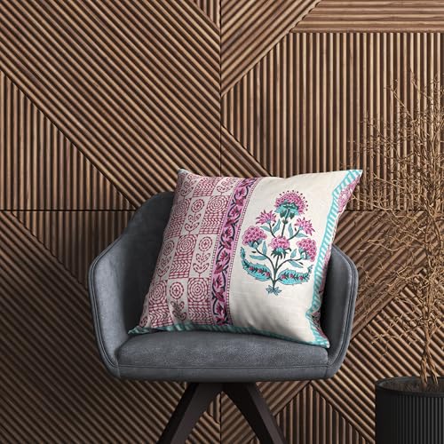 Image of BLOCKS OF INDIA Hand Block Printed Cotton Linen Cushion Cover (16 x 16 inches) (DYE Turq Pink Half)