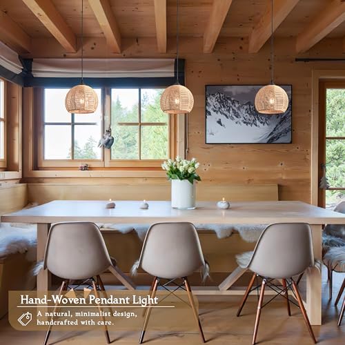 AyshwillDec 3 Pack Wicker Pendant Light Natural Woven Pendant Light Boho Chandelier Light Fixture Dome Rustic Farmhouse Pendant Lights Rattan Light Fixture for Dining Room Kitchen Island (Bulb Incl.) - Image 9