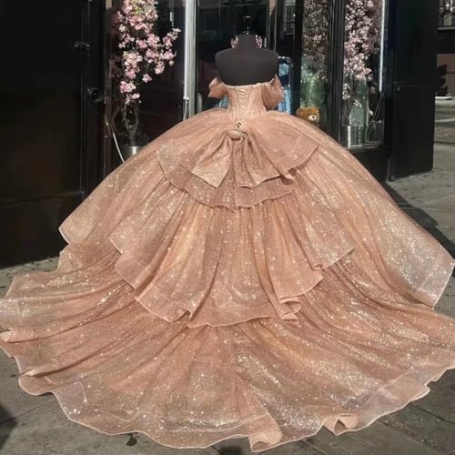 WDBFY Glitter Tulle Quinceanera Dresses with Bow Off Shoulder Layered Ball Gowns Puffy Beaded Sweet 16 Dress with Train3