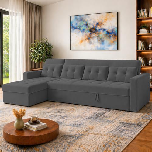 Image of Emilio 6 Seater LHS L - Shape Pull-Out Sofa Cum Bed Sofa for Living Room (Black Fabric Color) Premium Fabric Sofa Set for Living Room Sofa Cum Bed
