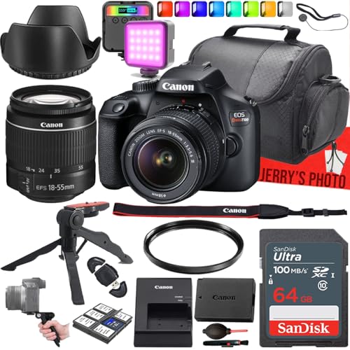 Canon EOS Rebel T100 (4000D) DSLR Camera with Canon EF-S 18-55mm f/3.5-5.6 III Lens + 64 GB Memory + RGB LED Video Light + Camera Case + UV Filter + Gripster Tripod + More (16pc Bundle) (Renewed)