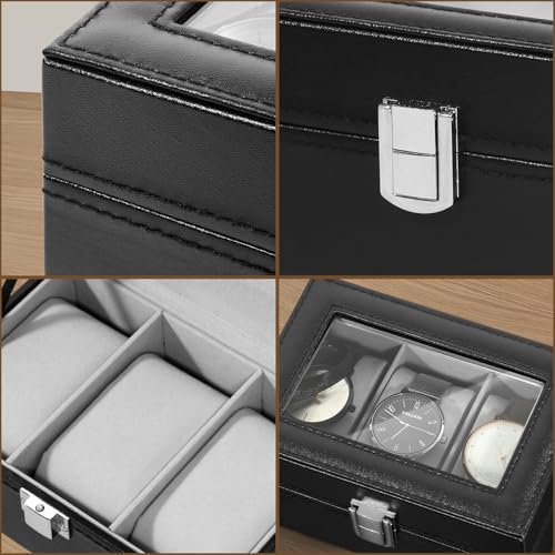 Image of Uten 3-Slot Watch Box, PU Leather Watch Case with Glass Lid, Watch Holder Organizer with Soft Pillow and Velvet Lining, Watch and Jewelry Storage Box