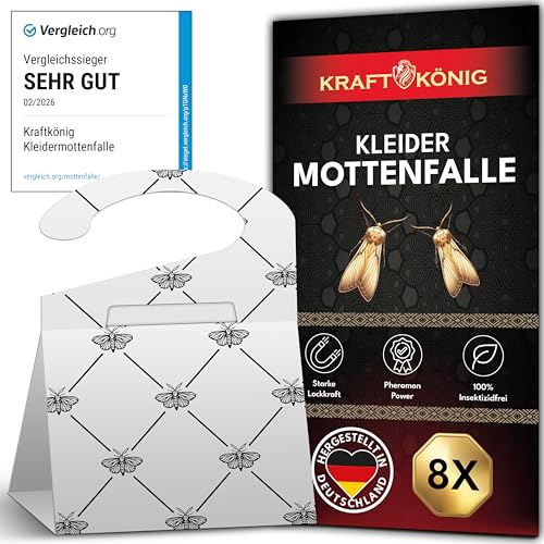 KRAFTKÖNIG Mottenschutz für Kleiderschrank VERGLEICHSSIEGER 8X Premium Kleidermottenfalle mit Langzeitwirkung Für Kleiderstangen geeignet Effektive & geruchlose Mottenfalle