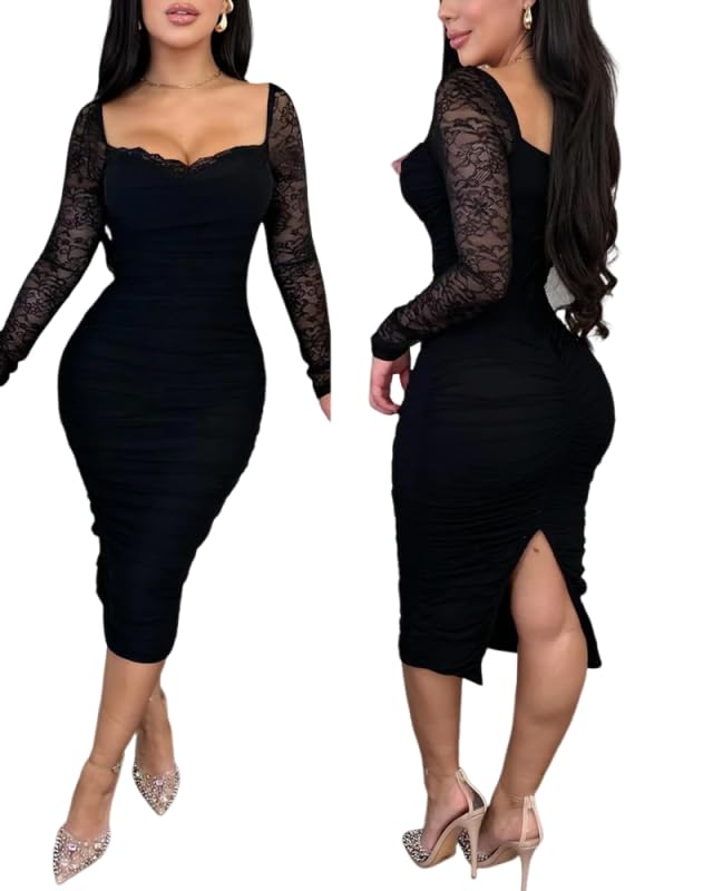 Womens Elegant Bodycon Midi Dress Contrast Lace Long Sleeve Back Slit Slim Fit Bodycon Party Dresses