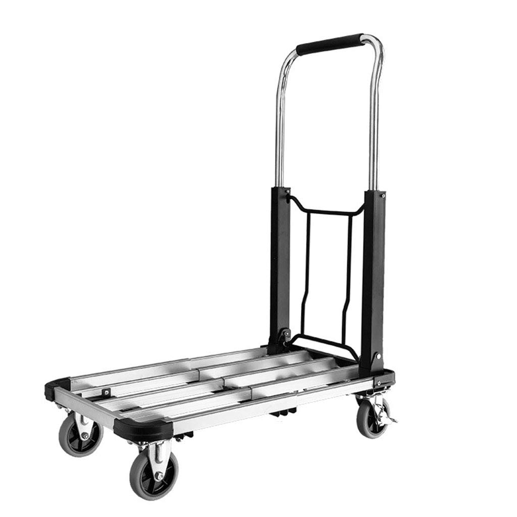 ALUS- Household Portable Aluminum Alloy Folding Luggage Cart Four-Wheeled Silent Trolley Pulling Cargo Handling Trolley Load Bearing 150kg