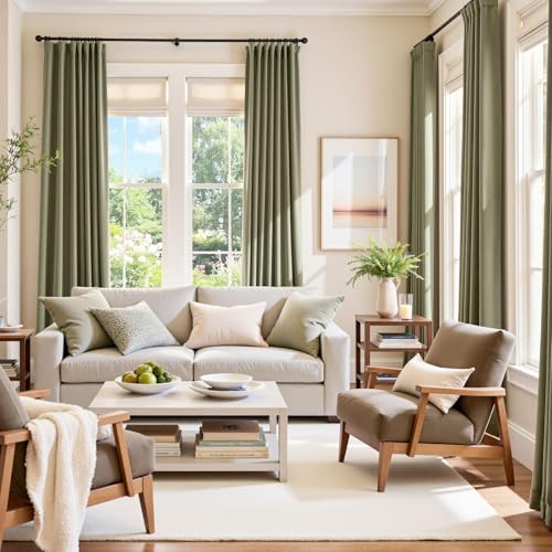 Image of Blackout Olive Sage Velvet Curtains Rod Pocket 52x84 Inch 2 Panels | Soft Velvet, For Bedroom & Living Space, Light Shifting Texture, Elegant Drape, Serene, Fresh