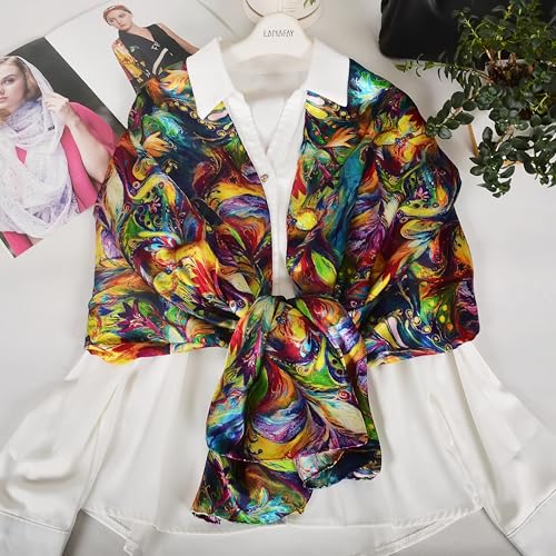 100% Mulberry Silk Scarf for Women Neck Oblong Headscarves Long Floral Print Lightweight Silk Wraps Shawls 67"*20"3