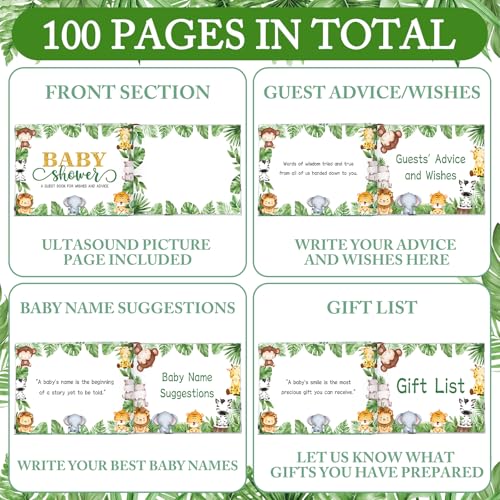 Image of Fuyoooo 27 Pcs Safari Animal Baby Shower Guest Book Set Baby Shower Sign in Guest Floral Book Place Table Cards with Gold Pen Adhesive Photo Corner for Birthday Party