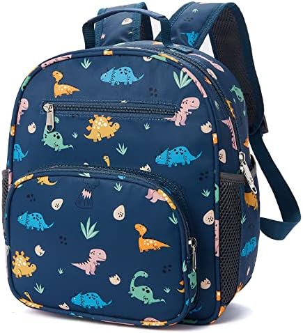 Telena Kids Backpack for Boys Girls, Cute Water Resistant Toddler Preschool Backpack with Adjustable Padded Straps, Dark Blue Dinosaur