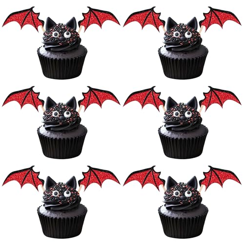 Zhuoweism ZWA1867-RED 24 Pcs Halloween Bat Cupcake Toppers Glitter Vampire Bat Wings Cupcake Picks Halloween Cupcake Topper cover