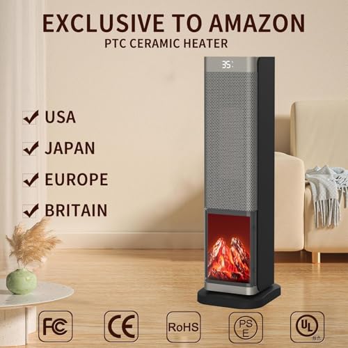Elektrische Heizung,2000W Turm Raumheizung mit Fernbedienung,23-Zoll elektrische Raumheizung mit 70 ° Oszillation,3D Flamme,LED-Bildschirm, ECO-Modus,12H Timer - Innenheizung für Schlafzimmer,Bür – Bild 4
