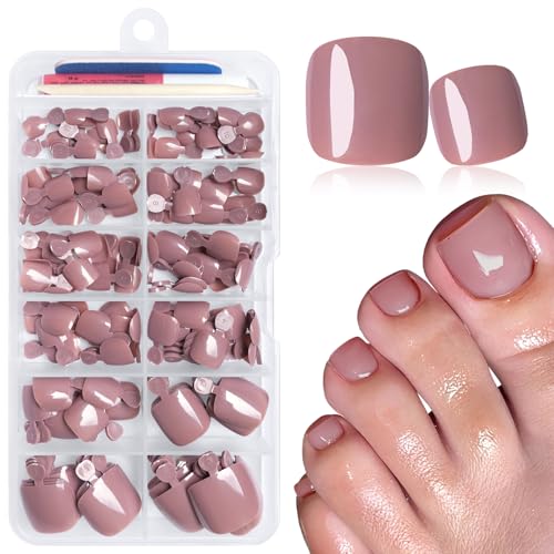 GlamRays 168 Piezas Uñas Postizas para Pies, Uñas Falsas para Mujeres con Adhesivos de Gelatina, Uñas Postizas Cuadradas Cortas (Café)