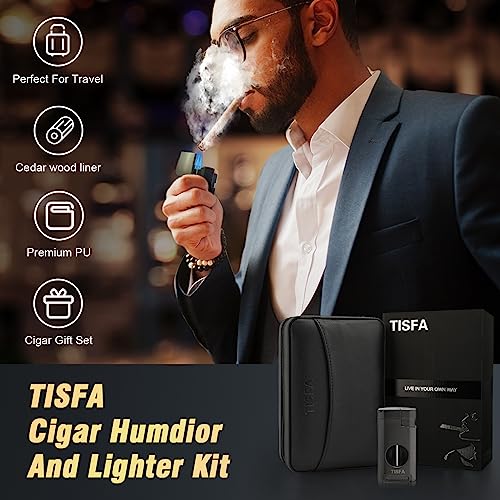 TISFA Cigar Humidor, Leather Cedar Wood Cigar Case with Cigar Lighter, V Cut Cigar Cutter, Cigar Holder 3 in 1, Portable Travel Cigar Humidor Box with Humidifier (Black) - Image 5