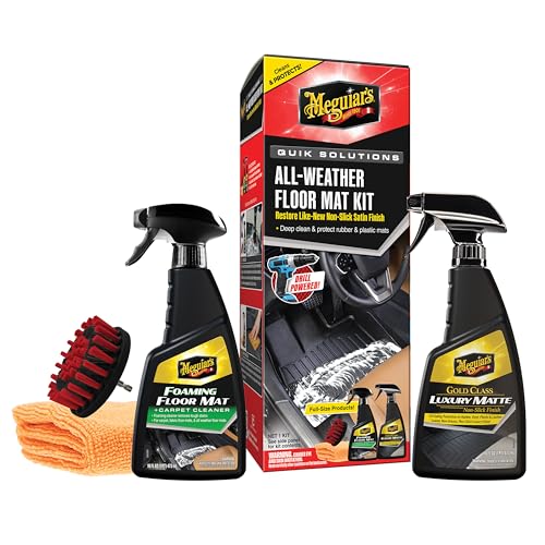 Meguiar’s Quik Solutions All-Weather Floor Mat Kit,All Weather Floor Mat Cleaner and Car Mat Protectant that Deep Cleans & Restores a Like-New Non-Slick Finish,Includes Drill Attachment, Kit
