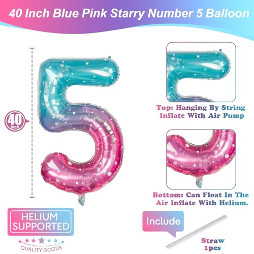 Image of Mermaid Starry 5 Balloons, 40 Inch Giant Teal Blue Purple Mylar Foil Number 0-9 Helium Balloon for Girls, Self Inflating Rainbow 5th Birthday Balloon for Women Anniversary Party Decorations Supplies