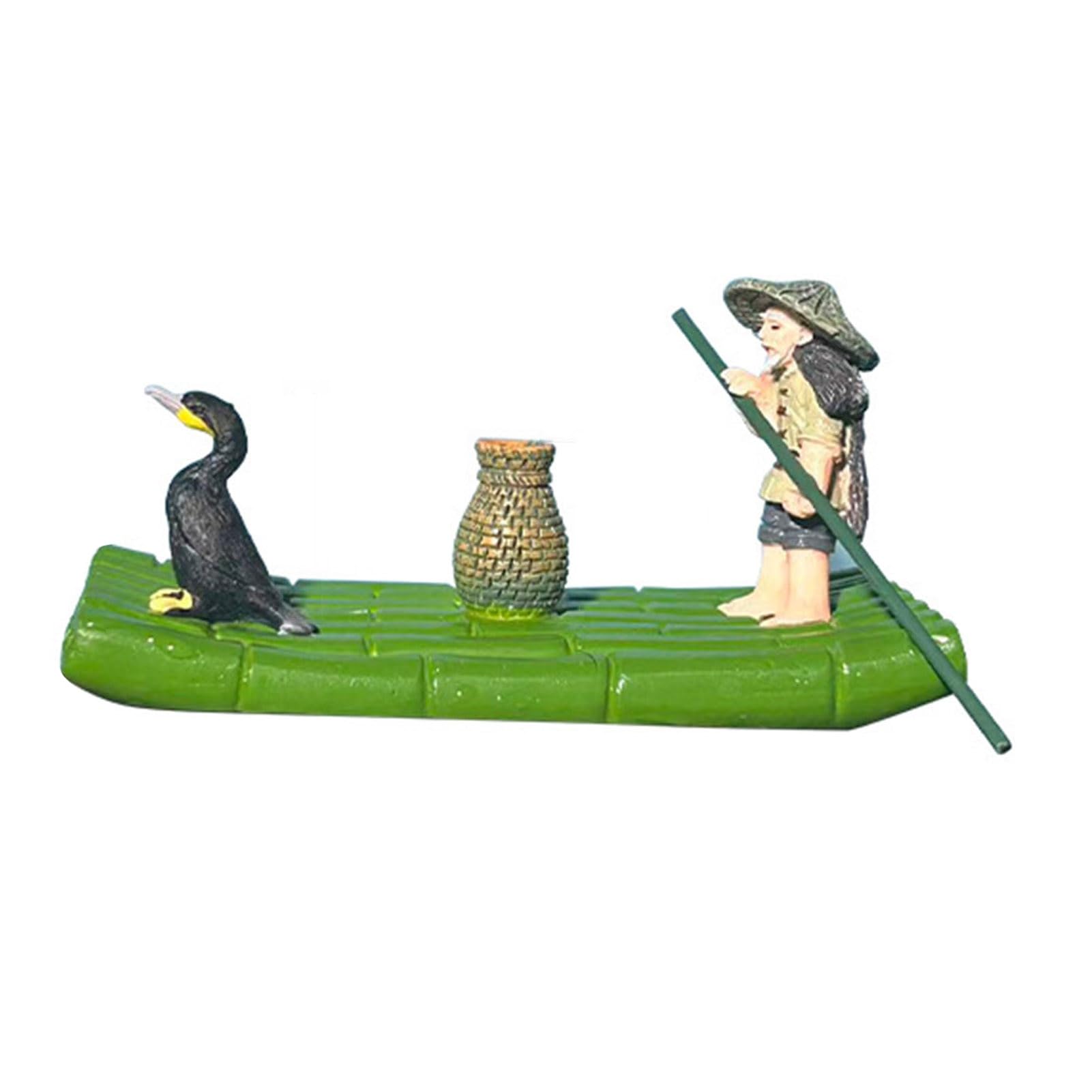 Glifora Floating Bamboo Raft Sculpture - with Old Man and Cormorant Resin Miniature Figurine, Decorative Zen Aquarium Statue for Outdoor Indoor Fish Tank, Pond and Garden Decor