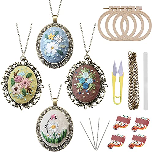 Image of ZOCONE 4 Packs Embroidery Necklace Kits, Embroidery Pendant Kit Mini Cross Stitch Kit with 4 Hoops, Necklace, Pendant, Stamped Pattern Cloth, Instructions, etc., Embroidery Kits for Adults