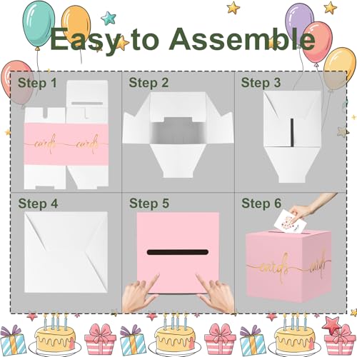 Image of 2 Pack Light Pink Card Box with Gold Foil Design, Paperboard 8.7 inch Card Box for Birthday Wedding Party Graduation Retirement Anniversary Valentine's Day & Baby Showers, Raffle or Money Box