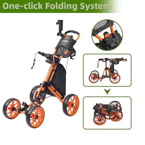 Image of Golf Push Cart 4-Wheels,Folding Golf Cart, Golf Pull cart with Cup Holder,Umbrella Holder,Cooler Bag, Foldable with one-Click,Handle Height Adjustable,Drink Holder,Walking Push cart