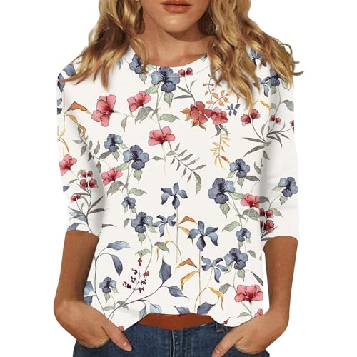 HTHLVMD Womens 3/4 Length Sleeve Tops 2025 Fall Fashion Floral Print Crewneck Causal Trendy Tunic Tops for Women
