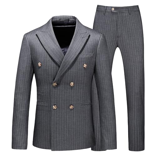 Men's Elegant Business Wedding Blazer Slim Fit Vintage Stripe Suit Classic Double Breasted Tuxedo