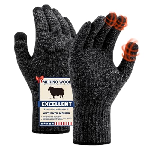 Heat equation Merino Wool Gloves for Men Women, Touch Screen Warm Glove Liners Thermal Soft Knit Lining for Winter Running Hiking S/M Black Gray