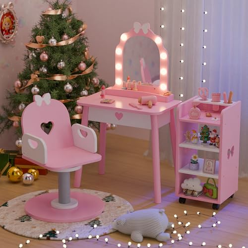 Callales Kids Vanity Set with Light and Barber Chair, Pink Makeup Dressing Vanity Table with Storage Shelf and Hair Salon Play Set 7 pcs Accessories, Pretend Play Vanity Set for Toddler Girls