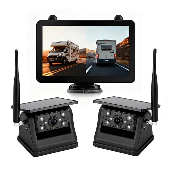 Kit magnétique solaire double caméra de recul sans fil avec écran tactile de 7 pouces, batterie de 12 000 mAh, vision nocturne, étanche, enregistrement en boucle, caméra de recul pour remorque de