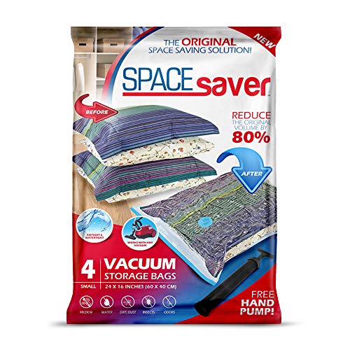 Spacesaver Premium Vacuum Storage Bags. 80% More Storage! Hand-Pump for Travel! Double-Zip Seal and Triple Seal Turbo-Valve for Max Space Saving! (Small 4 Pack)