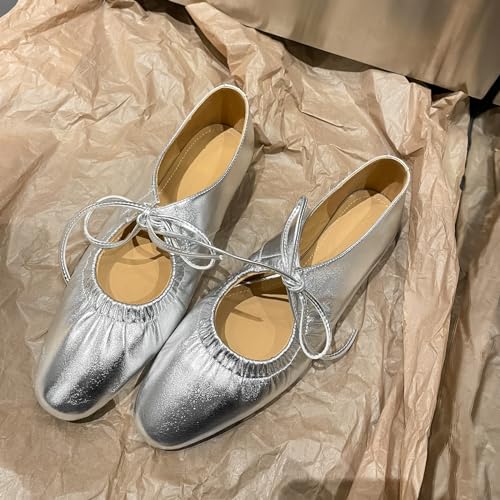 Zeberfi Women's Shiny Leather Mary Jane Flats Fashion Lace Up Closed Round Toe Shallow Mouth Ballet Shoes Retro Comfortable Lightweight Casual Shoes3