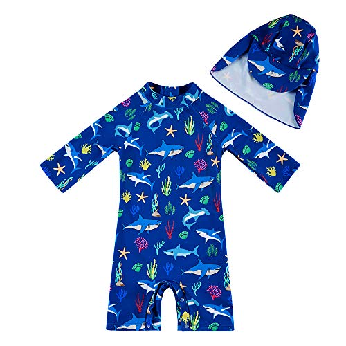 upandfast Baby Boys Swimsuit Long Sleeve One Piece Swimwear Zip Rash Guard Sun Protection (Blue Shark, 12-18 Months)