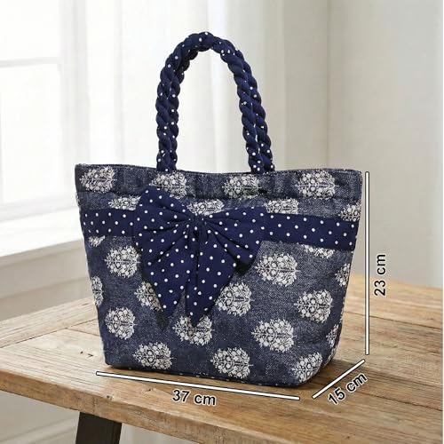 Image of Kuber Industries Cotton Dot Printed Bow Hand Bag with 3 Compartment and Zipper Clouser | Multipurpose Women Hand Purse Bow Design for Office | Blue