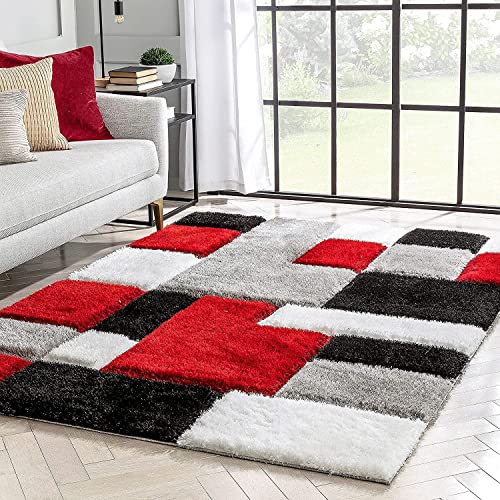 Image of Escondido Red Modern Geometric 3D Textured Thick and Soft Shag Carpet 3x5 Feet Area Rug
