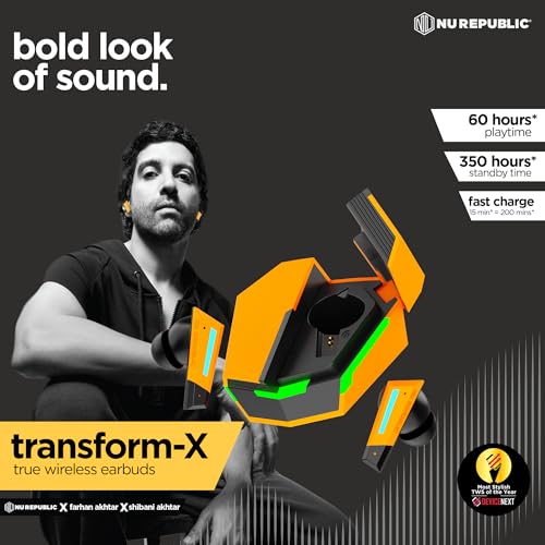 Image of Nu Republic Transform-X with X-Bass, ENC Technology, 60 Hrs Playtime, TWS with Mic and Hall Sensor, Fast Charge, Dual Mode TWS Earbuds - Yellow