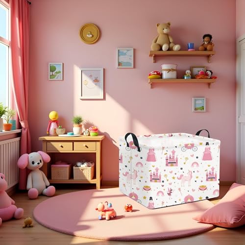 Image of Rectangular Kids Storage Basket Baby Storage Basket with Handles for Home Kitchen Boys and Girls Cute Toy Storage Bin Organizer Shelf Book Room Decor(Princess Castle)
