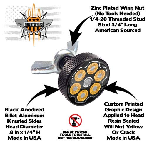 Tricktoppers 4 Black Anodized Knurled Billet Aluminum Motorcycle License Plate Frame Fastener Tag Bolts - 44 Mag Revolver Gun Cylinder Printed Emblem #TOP1