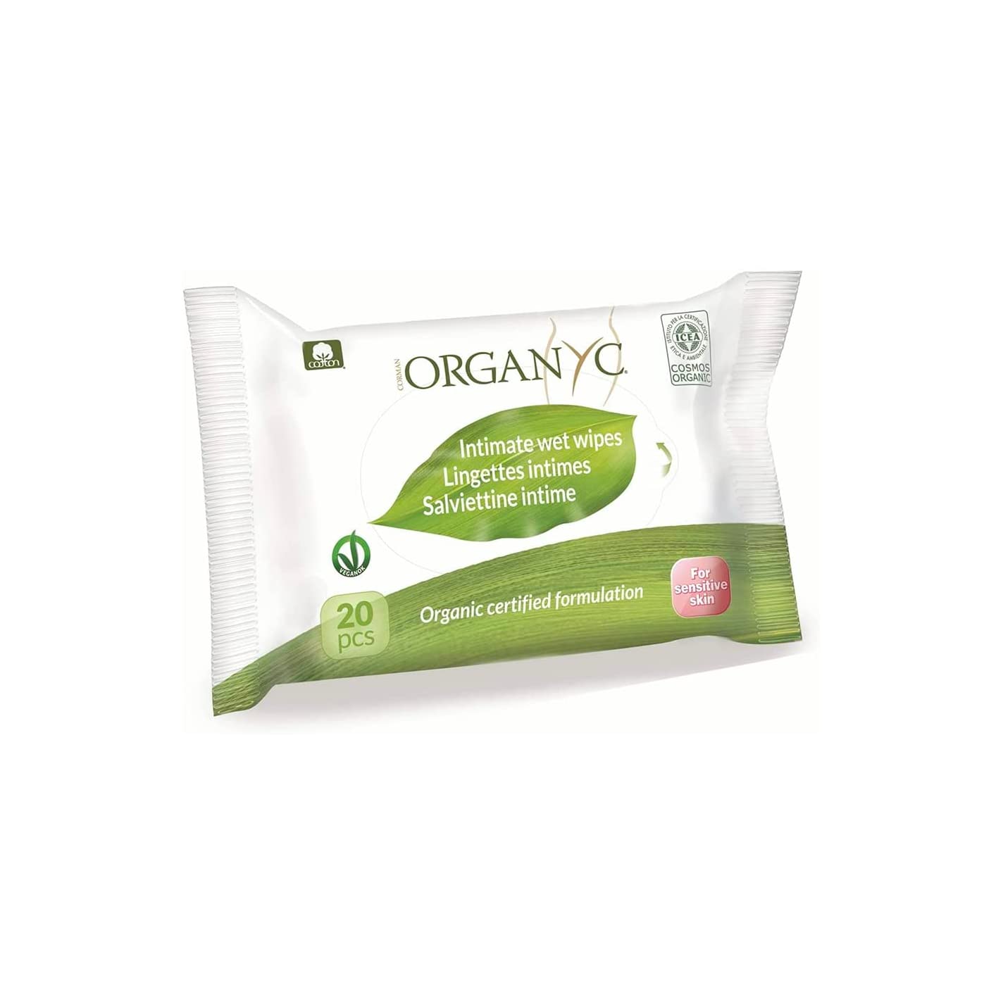 Organyc, Nawilżane chusteczki do higieny intymnej ze 100% organicznej bawełny certyfikowanej, 4 opakowania po 20 chusteczek (Razem 80 sztuk)