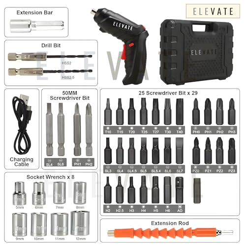 Image of MANSAA Electric Screwdriver Set - 29 Bits, 8 Socket Wrenches, LED Light, USB Charging, Adjustable Handle with Storage Case
